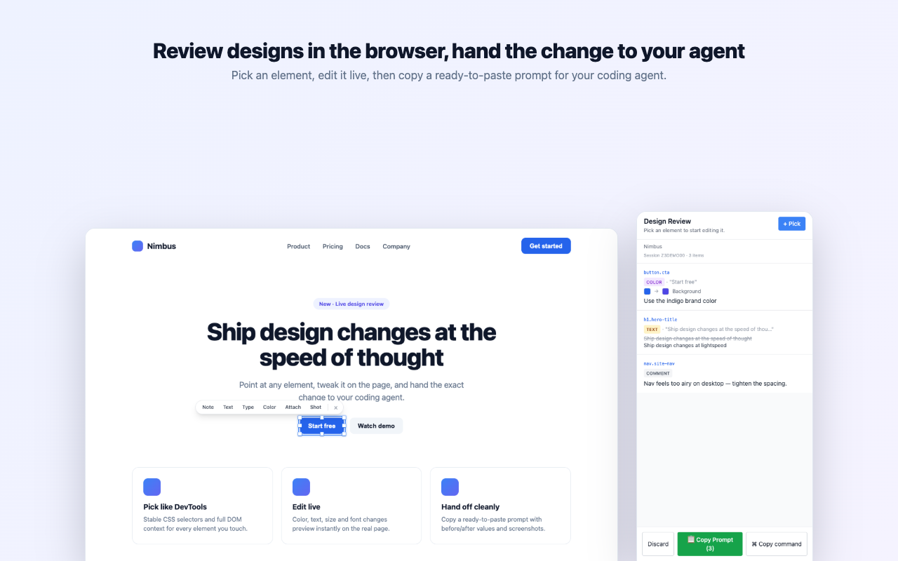 Design Review: the page with an element selected next to the side panel